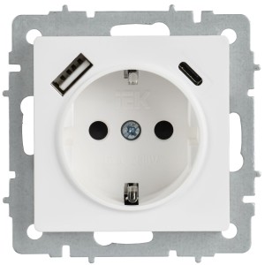 BRITE Розетка 1-местная с заземлением с защитными шторками 16А с USB A+C 18Вт РЮш11-1-БрАБ арктический белый IEK