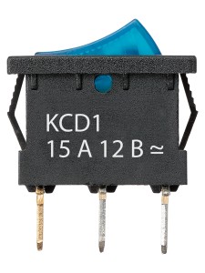 KCD1-101N 12В AC/DC, 1P, 15А, (3с), ON-OFF, черный корпус, синяя клавиша, LED, Mini TDM