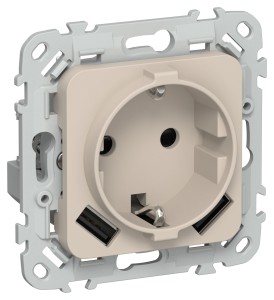 FLITE Розетка 1-местная с заземлением с защитными шторками 16А с USB A+A 3,1А безвинтовое крепление РСЮша11-1-ФлЛ льняной IEK