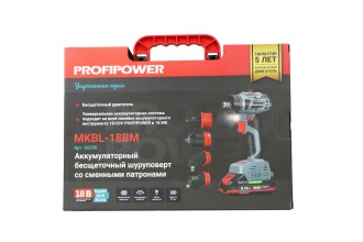 Аккумуляторный бесщеточный шуруповерт со сменными насадками E0250 PROFIPOWER MKBL-18BM (18В, 45Нм, Li-ion-2шт, 2.0Ач, 0,8-10мм, бита, З/У,в кейсе)