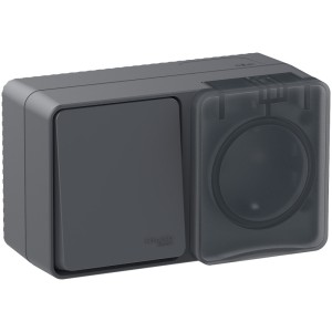 ATLASDESIGN PROFI IP54 О/У БЛОК: РОЗЕТКА с заземл. со шт., 16А, ВЫКЛЮЧАТЕЛЬ 1-клав., 10АХ, АНТРАЦИТ