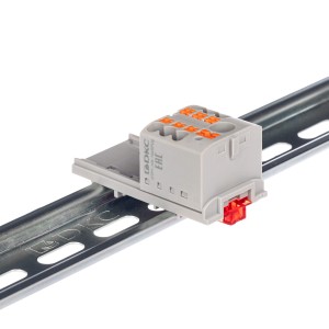 Блок распределительный с верт. адаптером на рейки шириной 15/35мм, зажим push-in, 1 ввод 6 кв.мм, 6 точек подключения 2,5 кв.мм, серый DKC