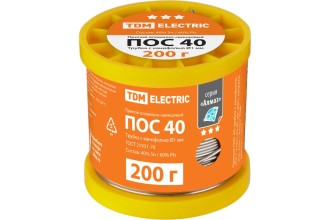 Припой ПОС 40, трубка с канифолью, ГОСТ 21931-76, Ø1 мм, 200 г, катушка, инд. упак., "Алмаз" TDM