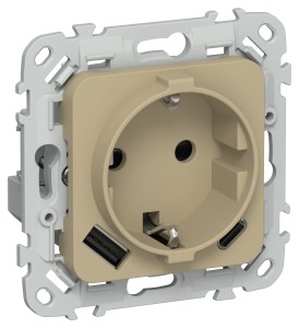 FLITE Розетка 1-местная с заземлением с защитными шторками 16А с USB A+C 20Вт безвинтовое крепление РСЮшс11-1-ФлХ хаки IEK