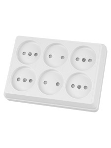 Розетка шестиместная 2П открытой установки IP20 10A с защитными шторками белая "Ладога" TDM