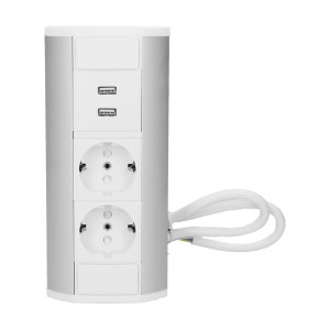 Блок розеточный угловой, 2хUSB 5V 2,1A +2х 2P+E со шторками, накладной, кабель 0,6м, 3680вт, белый-алюминий