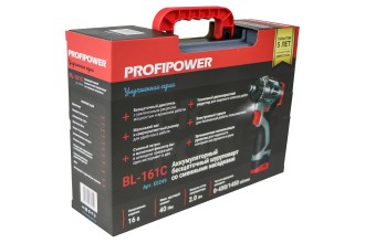 Аккумуляторный бесщеточный шуруповерт E0249 Комби PROFIPOWER BL-161C (16В, 40Нм, Li-ion 2шт, 2.0Ач, 2 скорости, 0.8-10мм, З/У, в кейсе)