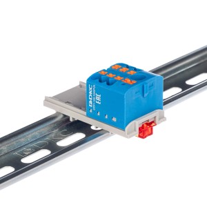 Блок распределительный с верт. адаптером на рейки шириной 15/35мм, зажим push-in, 1 ввод 6 кв.мм, 6 точек подключения 2,5 кв.мм, синий DKC