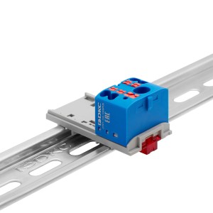 Блок распределительный с верт. адаптером на рейки шириной 15/35мм, зажим push-in, 1 ввод 6 кв.мм, 4 точки подключения 2,5 кв.мм, синий DKC