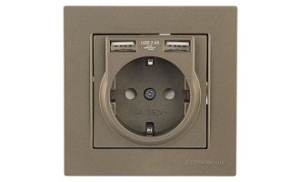 Rita - Розетка 2P+E, с 2хUSB 2,4A (однопостовой монтаж в комплекте с рамкой), антрацит