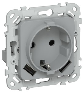 FLITE Розетка 1-местная с заземлением с защитными шторками 16А с USB A+A 3,1А безвинтовое крепление РСЮша11-1-ФлС серый IEK