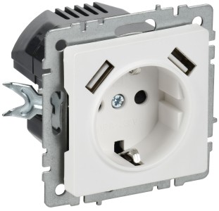 BRITE Розетка 1-местная с заземлением с защитными шторками 16А с USB A+A 5В 2,1А РЮш10-1-БрАБ арктический белый IEK