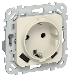 FLITE Розетка 1-местная с заземлением с защитными шторками 16А с USB A+C 20Вт безвинтовое крепление РСЮшс11-1-ФлСл сливочный IEK