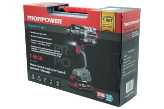 Аккумуляторный бесщеточный ударный гайковерт E0186 PROFIPOWER T-900N (20В, Li-ion-1шт, 4.0Ач, 900Нм, ударные головки 17/19/21мм, З/У, в кейсе)