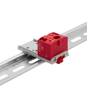 Блок распределительный с верт. адаптером на рейки шириной 15/35мм, зажим push-in, 1 ввод 6 кв.мм, 4 точки подключения 2,5 кв.мм, красный DKC