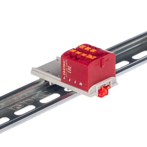 Блок распределительный с верт. адаптером на рейки шириной 15/35мм, зажим push-in, 1 ввод 6 кв.мм, 6 точек подключения 2,5 кв.мм, красный DKC