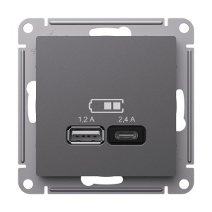 ATLASDESIGN USB РОЗЕТКА A+C, 5В/2,4А, 2х5В/1,2А, механизм, БАЗАЛЬТ