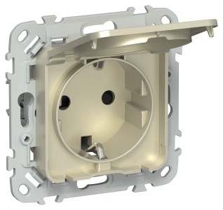 FLITE Розетка с заземлением с защитными шторками и крышкой безвинтовое крепление 16А IP44 РСшкр11-1-44-ФлШ шампань IEK