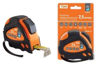 Рулетка 7,5 м х 25 мм, тройная фиксация, автостоп, обрезиненный корпус, магнит, "Алмаз" TDM.
