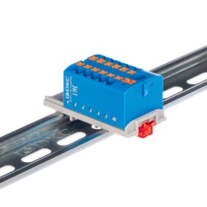 Блок распределительный с верт. адаптером на рейки шириной 15/35мм, зажим push-in, 1 ввод 6 кв.мм, 12 точек подключения 2,5 кв.мм, синий DKC