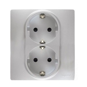 ETIKA Розетка 2-местная с заземлением без защитных шторок в сборе 16А алюминий