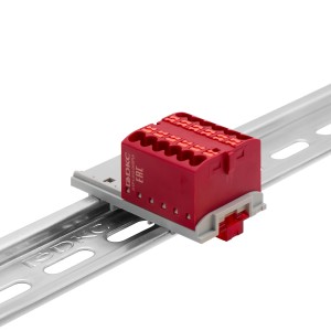 Блок распределительный с верт. адаптером на рейки шириной 15/35мм, зажим push-in, 12 точек подключения 2,5 кв.мм, красный DKC