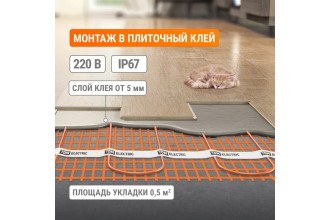 Мат нагревательный "Монтаж", двухжильный, 0,5 кв. м, 75 Вт, TDM
