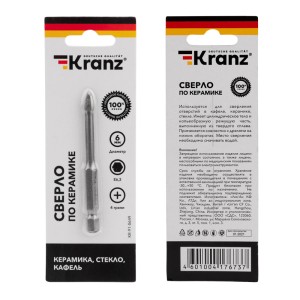 Сверло по стеклу и керамике 6 мм, 4 грани, шестигранный хвостовик KRANZ