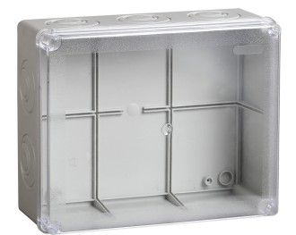 Коробка распаячная КМ41275 для открытой проводки безгалогенная (HF) 240х195х90мм с прозрачной крышкой IP44 5 вводов RAL 7035 IEK.