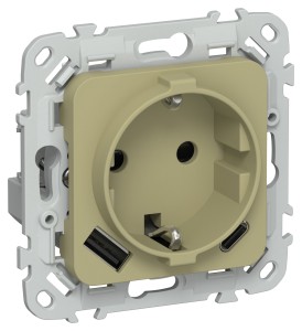 FLITE Розетка 1-местная с заземлением с защитными шторками 16А с USB A+C 20Вт безвинтовое крепление РСЮшс11-1-ФлО оливковый IEK