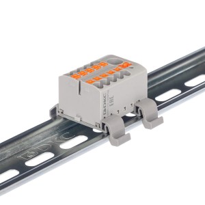 Блок распределительный с гориз. адаптером на рейку шириной 35мм, зажим push-in, 1 ввод 6 кв.мм, 10 точек подключения 2,5 кв.мм, серый DKC