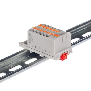 Блок распределительный с верт. адаптером на рейки шириной 15/35мм, зажим push-in, 1 ввод 6 кв.мм, 12 точек подключения 2,5 кв.мм, красный DKC