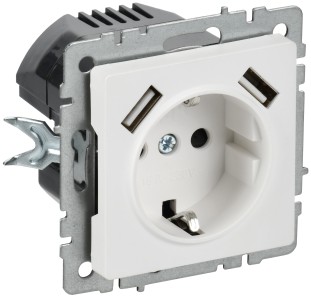 BRITE Розетка 1-местная с заземлением с защитными шторками 16А с USB A+A 5В 2,1А РЮш10-1-БрАБ арктический белый IEK