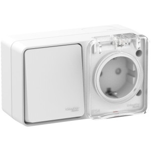 ATLASDESIGN PROFI IP54 О/У БЛОК: РОЗЕТКА с заземл. со шт., 16А, ВЫКЛЮЧАТЕЛЬ 1-клав., 10АХ, БЕЛЫЙ