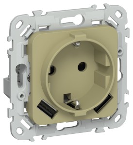 FLITE Розетка 1-местная с заземлением с защитными шторками 16А с USB A+A 3,1А безвинтовое крепление РСЮша11-1-ФлО оливковый IEK