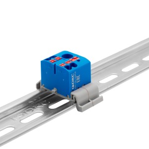 Блок распределительный с гориз. адаптером на рейку шириной 35мм, зажим push-in, 1 ввод 6 кв.мм, 4 точки подключения 2,5 кв.мм, синий DKC