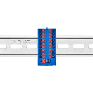 Блок распределительный с верт. адаптером на рейки шириной 15/35мм, зажим push-in, 1 ввод 6 кв.мм, 18 точек подключения 2,5 кв.мм, синий DKC