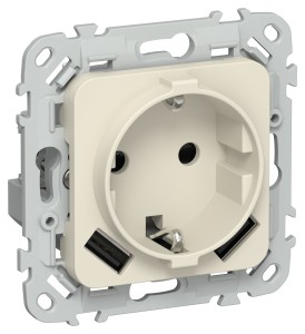 FLITE Розетка 1-местная с заземлением с защитными шторками 16А с USB A+A 3,1А безвинтовое крепление РСЮша11-1-ФлСл сливочный IEK