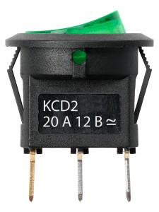 KCD2-101N 12В AC/DC, 1P, 20А, (3с), ON-OFF, черный корпус, зеленая клавиша, c LED подсв., TDM