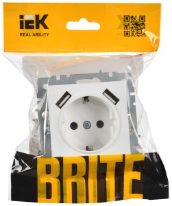 BRITE Розетка 1-местная с заземлением с защитными шторками 16А с USB A+A 5В 2,1А РЮш10-1-БрАБ арктический белый IEK
