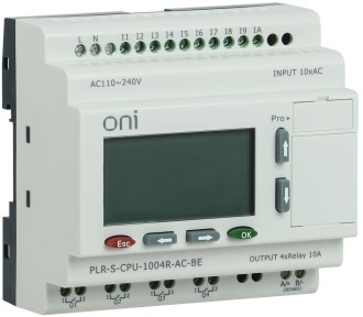 Программируемое логическое реле ONI. Расширяемая версия. Со встроенным экраном. 10 дискретных входов, 4 релейных выхода. Встроенный RS485. Напряжение питания 220В AC
