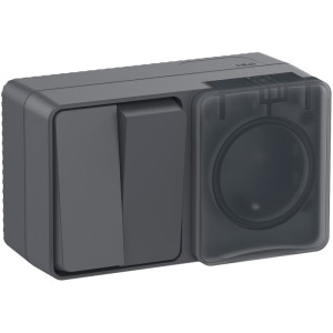 ATLASDESIGN PROFI IP54 О/У БЛОК: РОЗЕТКА с заземл. со шт., 16А, ВЫКЛЮЧАТЕЛЬ 2-клав., 10АХ, АНТРАЦИТ