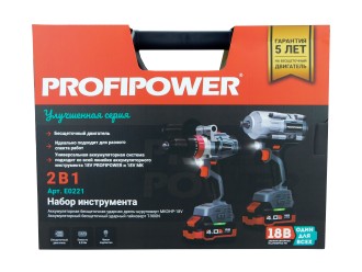 Аккумуляторный бесщеточный НАБОР 2в1 ProfiSet-2С18 (Li-ion-2шт, 4Ач, Адаптер HEX, набор головок, З/У, кейс, E0186, E0087)