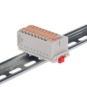 Блок распределительный с верт. адаптером на рейки шириной 15/35мм, зажим push-in, 1 ввод 6 кв.мм, 18 точек подключения 2,5 кв.мм, серый DKC