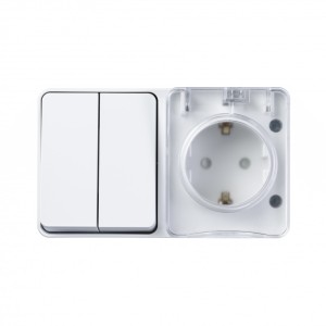 ATLASDESIGN PROFI IP54 О/У БЛОК: РОЗЕТКА с заземл. со шт., 16А, ВЫКЛЮЧАТЕЛЬ 2-клав., 10АХ, БЕЛЫЙ