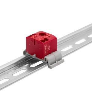 Блок распределительный с гориз. адаптером на рейку шириной 35мм, зажим push-in, 1 ввод 6 кв.мм, 4 точки подключения 2,5 кв.мм, красный DKC