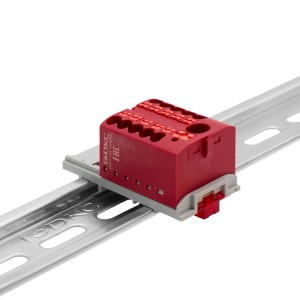 Блок распределительный с верт. адаптером на рейки шириной 15/35мм, зажим push-in, 1 ввод 6 кв.мм, 10 точек подключения 2,5 кв.мм, красный DKC