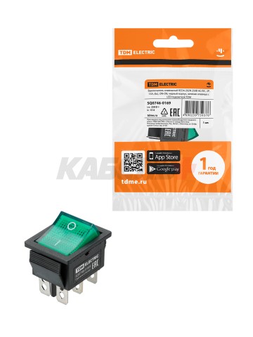 KCD4-202N 250В AC/DC, 2P, 15А, (6с), ON-ON, черный корпус, зеленая клавиша, LED TDM