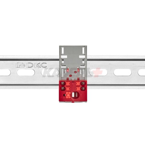 Блок распределительный с верт. адаптером на рейки шириной 15/35мм, зажим push-in, 1 ввод 6 кв.мм, 4 точки подключения 2,5 кв.мм, красный DKC