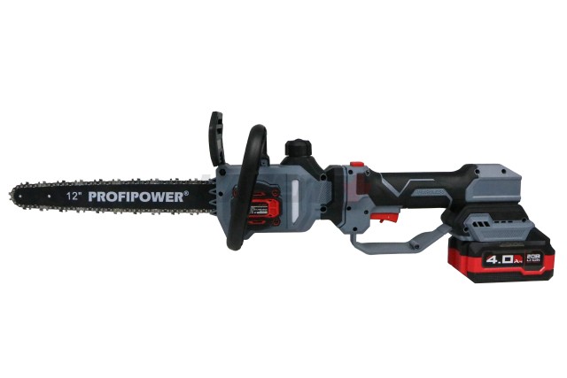 Аккумуляторная бесщеточная цепная пила E0285 PROFIPOWER PL-12 с штангой телескопической (20В,12", Li-ion-2шт, 4.0Ач, 0-5800 об/мин,З/У, в коробке)